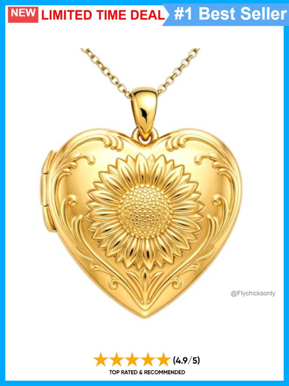 14K Gold Plated Heart Locket Necklace Sunflower Photo Pendant Memorial